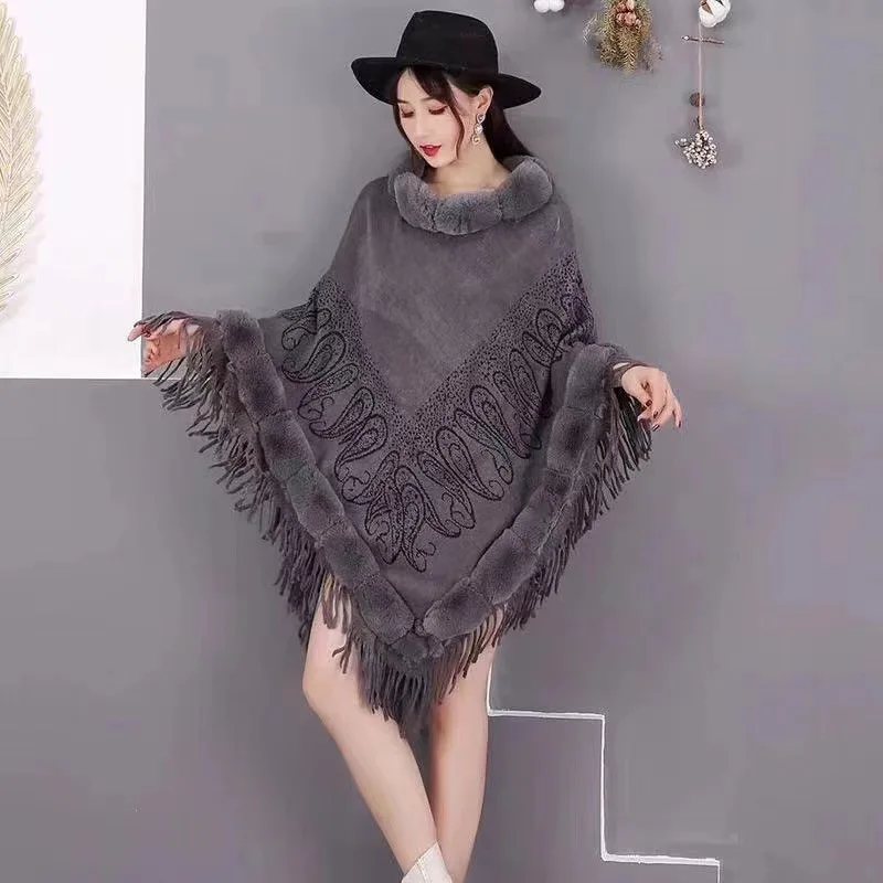 Fringed Shawl Jacket Female Autumn 2024 New Shawl Coat Knitted cape dress women Splicing Faux Fur Coat Parka capas y ponchos