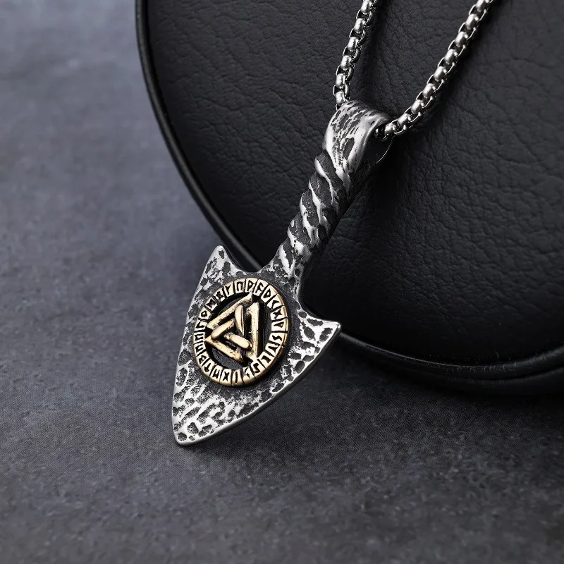 Retro Engraved Viking Series Stainless Steel Sweater Chain, Men's Rune Triangular Cone Pendant Necklace, Hot Sale Jewelry