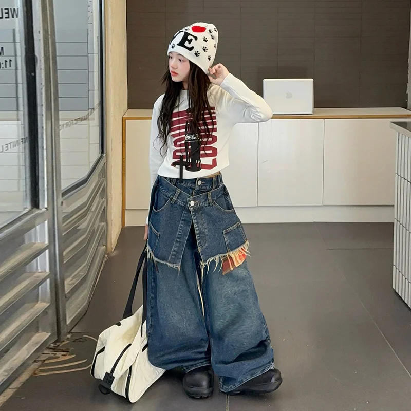 

Осень 2023, новые клетчатые джинсы с широкими штанинами для зарубежных девушек, модные крутые брюки в уличном стиле