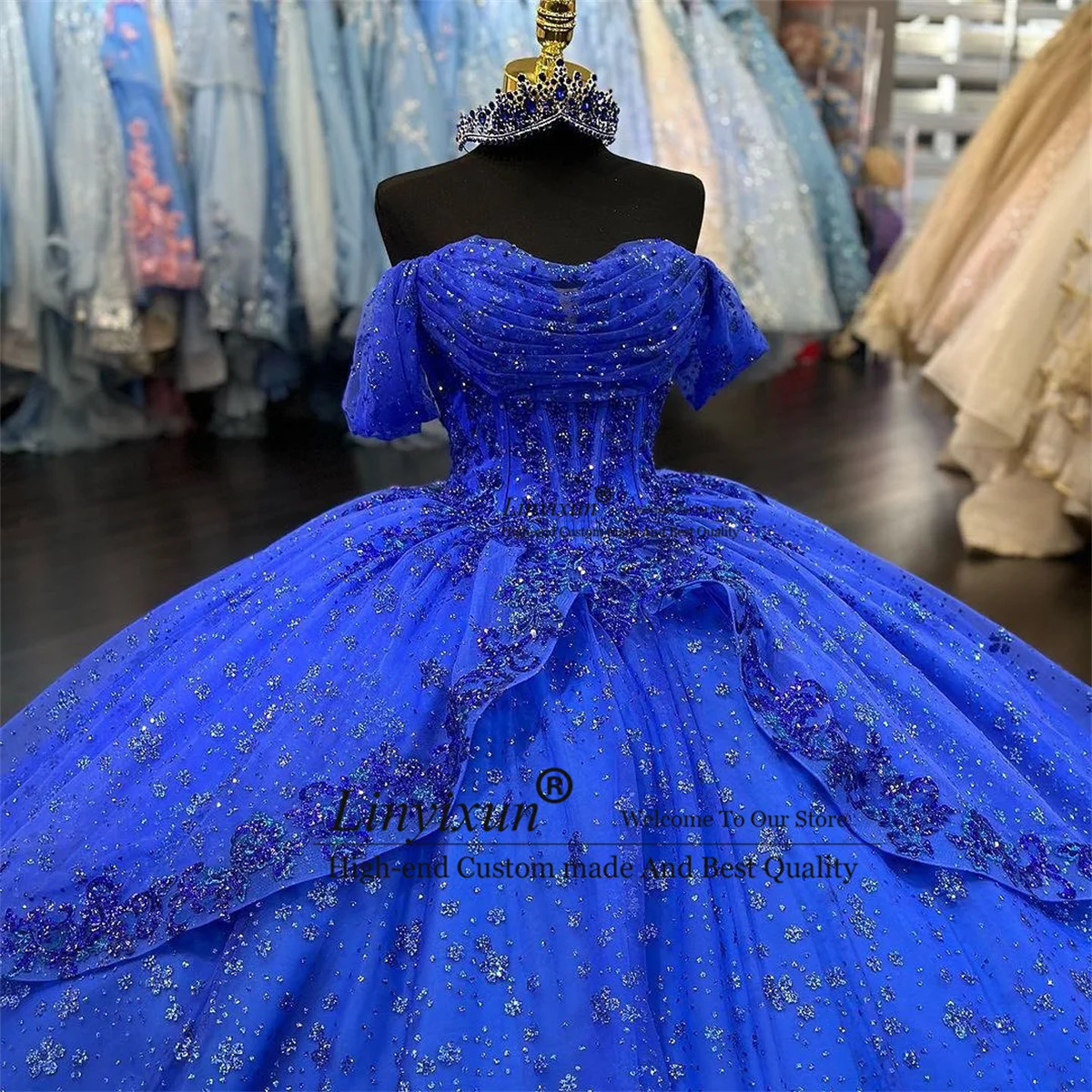 Princess Royal Blue Ball Gown Quinceanera Dresses 2024 Off Shoulder Beaded Appliques Crystals Sweet 16 Prom Party Gown Lace-Up