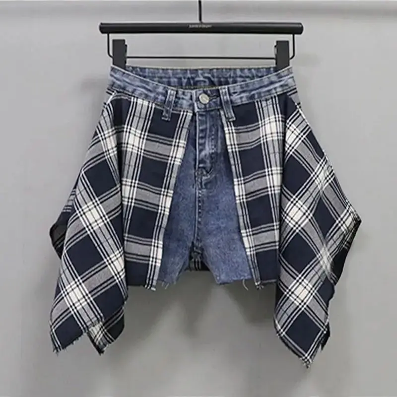 

Checkered Denim Shorts For Women 2025 New High Waisted Slim Fit Fake Two-piece Wide Leg A-line Hot Pants Skirt Hip-hop Outfit