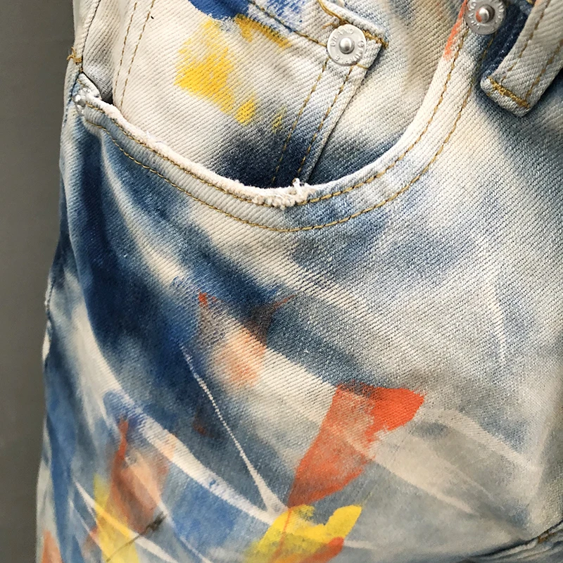 Men Color Paint Spraying Printed Jeans Stretch Skinny Denim Trousers America Slim Men Jeans Men Streetwear Party Pencil Pants