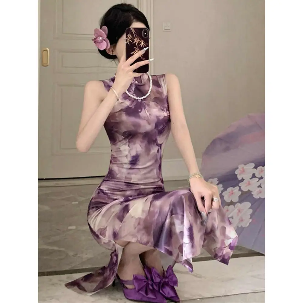 تشيباو الصينية الجديدة الرجعية ، شيونغسام طباعة بلا أكمام ، فستان ضيق متطور الصيف النساء القديمة شنغهاي شيونغسام