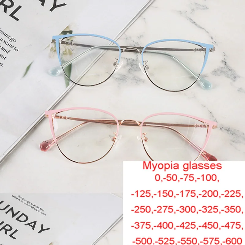 2023 Fashion Cat Eye Metal Frames Myopia  Blue Light Blocking nearsighted Glasses Eyewear Stainless eyeglasses frame