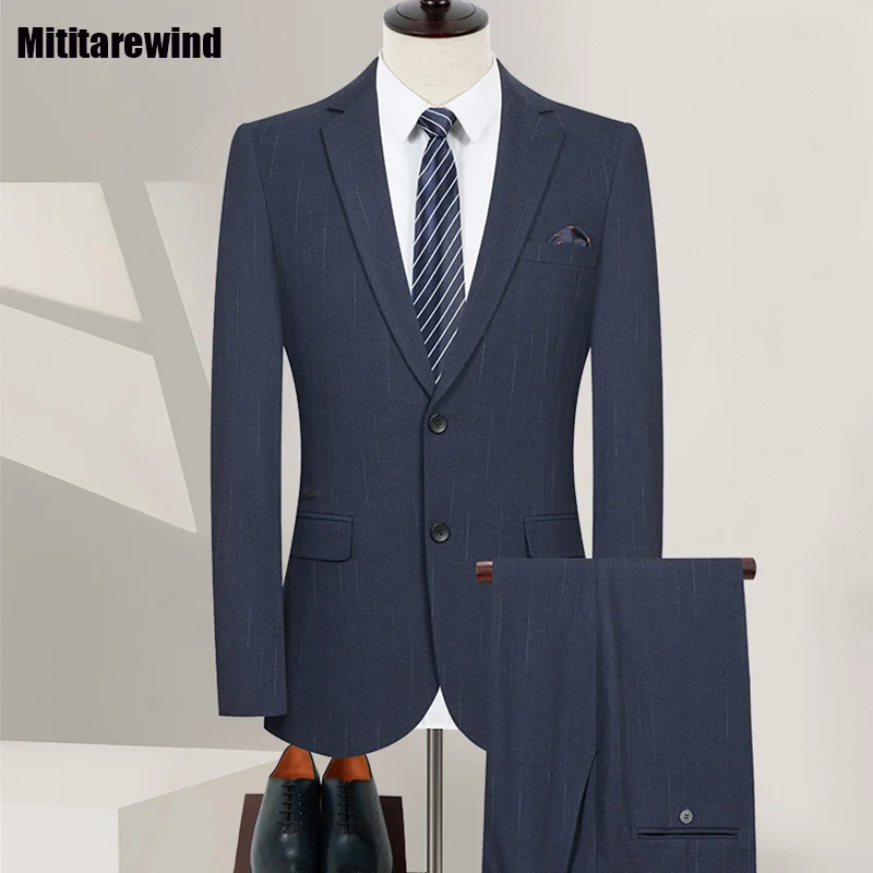 

Brand Men's Suit for Wedding Business Causal Blazer Sets Double Slit Suit Jacket and Pants Elegant Suits for Men Slim Fashion