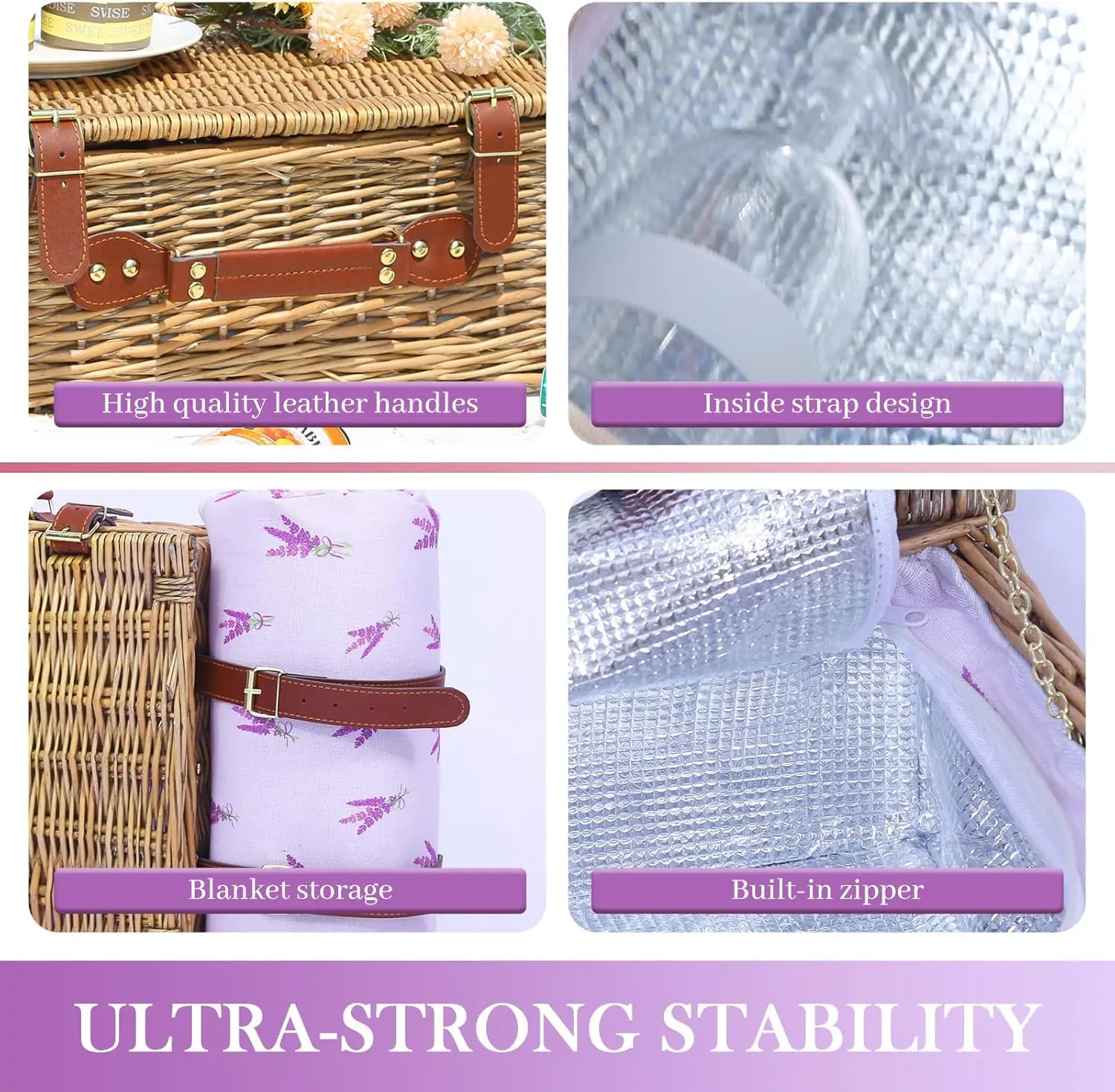 سلة نزهة من الخيزران تتسع لـ 4 مع مبرد معزول وبطانية مقاومة للماء - سلة نزهة صفصاف كبيرة للأماكن الخارجية والتخييم