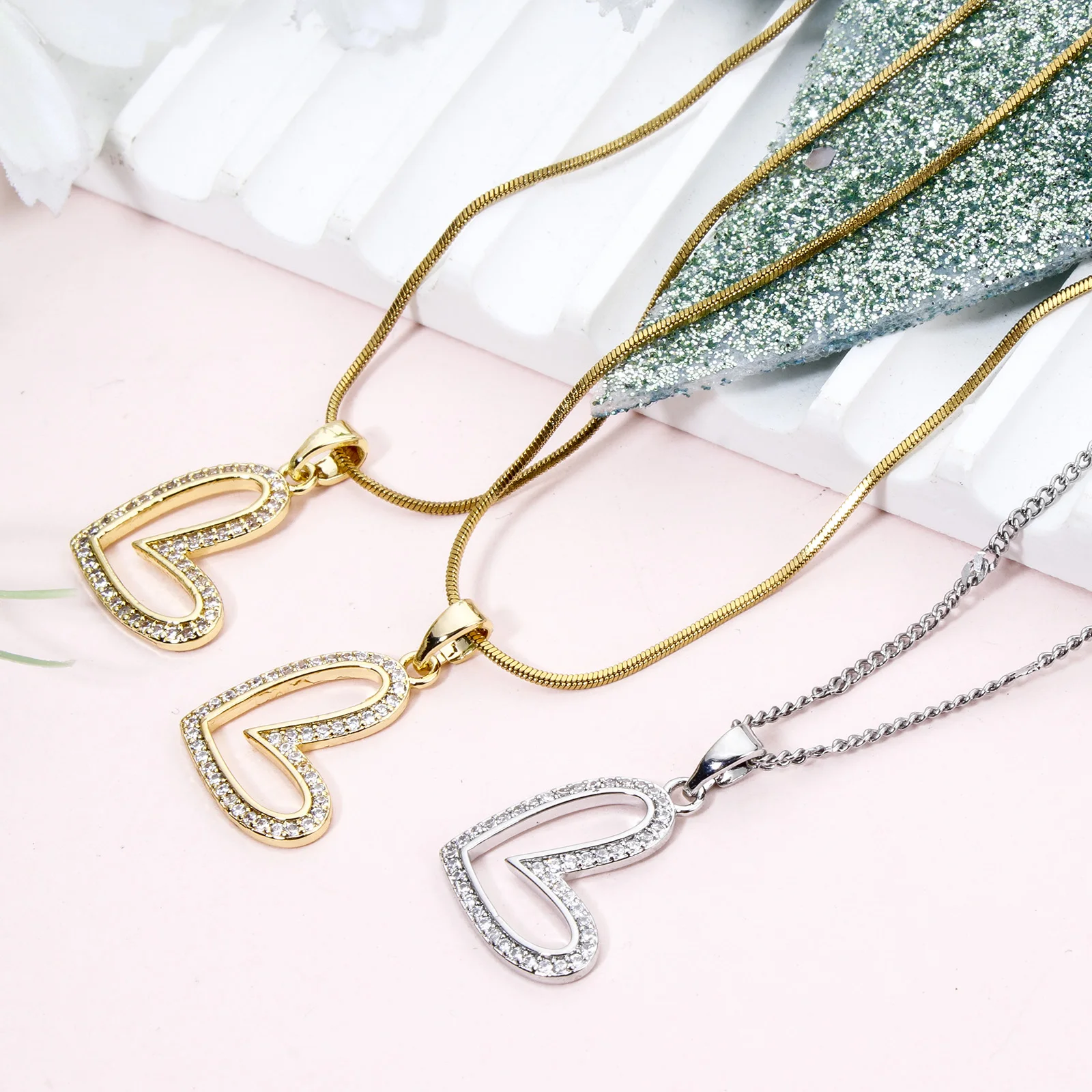 Doreen Box Brass Valentine's Day Heart Charm Pendant Multicolor Heart Micro Pave Clear Cubic Zirconia Necklace Pendant 24mmx14mm