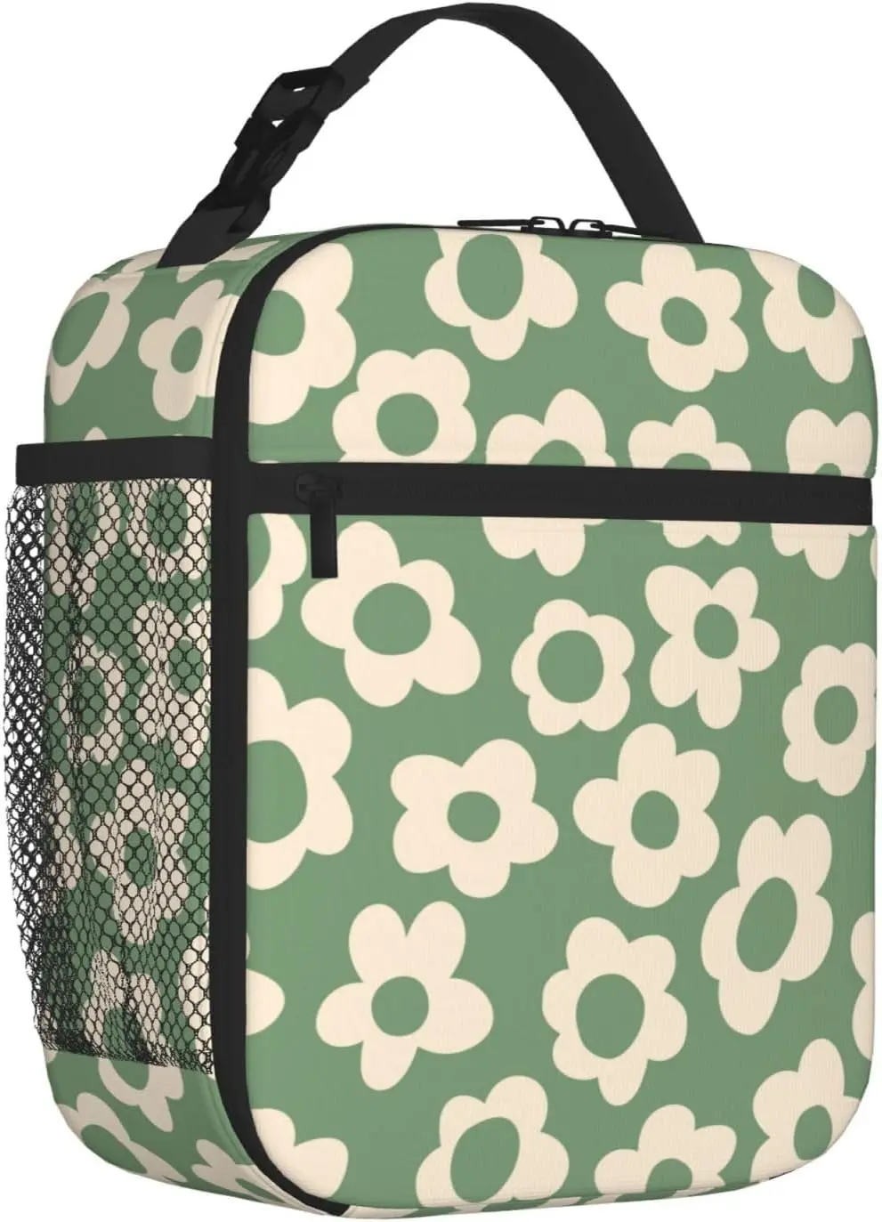Vintage Groovy Flowers Lunch Box Girls Boys Insulated Lunch Bag Reusable Lunchbox with Side Pocket,Cute Lunch Box