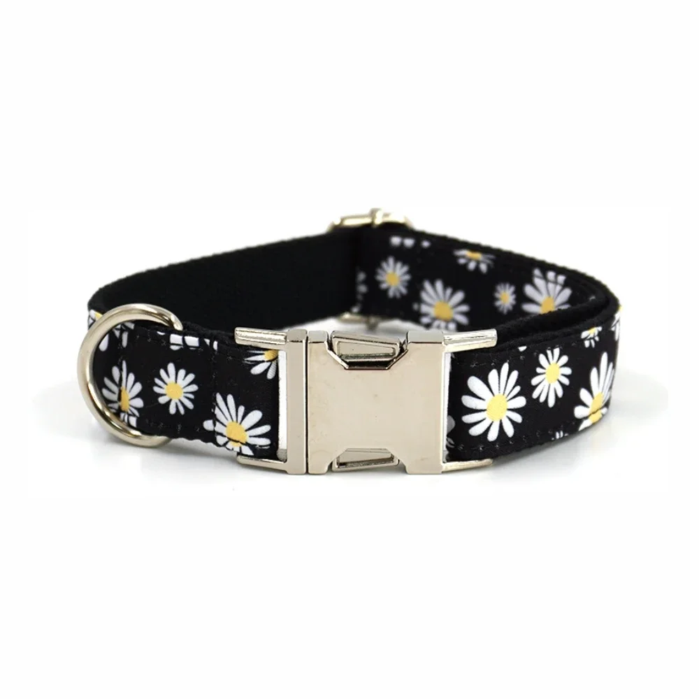 Personalized Pet Collar Custom Puppy Nameplate ID Tag Adjustable Buckle Strong Black Daisy Flower Basic Collars Lead Leash