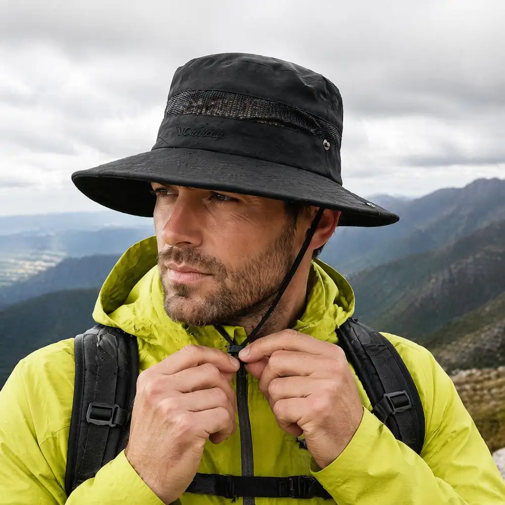 Summer Mesh Spliced Bucket Hat Wide Brim Sun Hat with Adjustable Drawstring Portable Cap for Outdoor Hiking Fishing Travel
