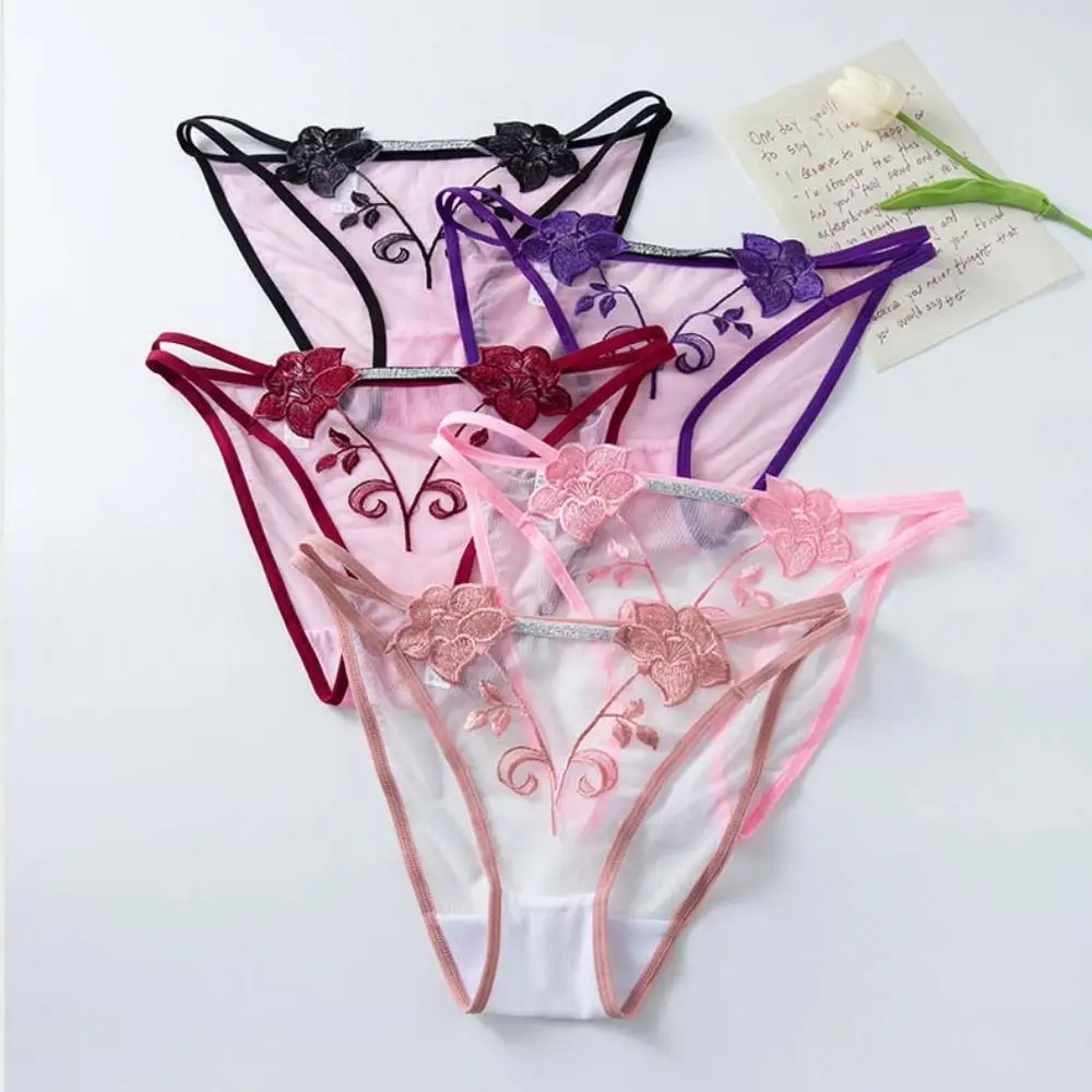 Calcinha feminina vazada com bordado de flores, virilha de algodão, cinto fino, cintura média, malha, roupa íntima, cor sólida
