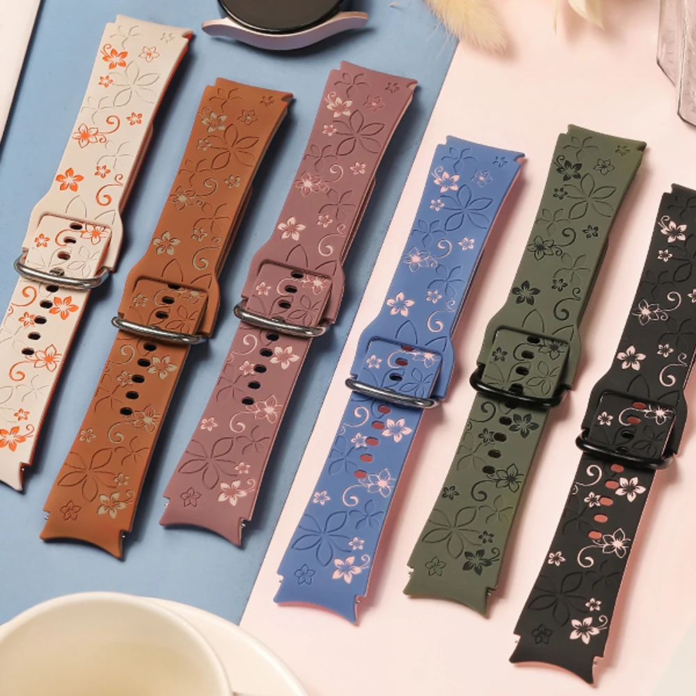 Engraved flower Band for Samsung Galaxy Watch 7/5 Pro/4 6 Classic 40 44mm Silicone Sport Bracelet correa Galaxy Watch 7 Straps