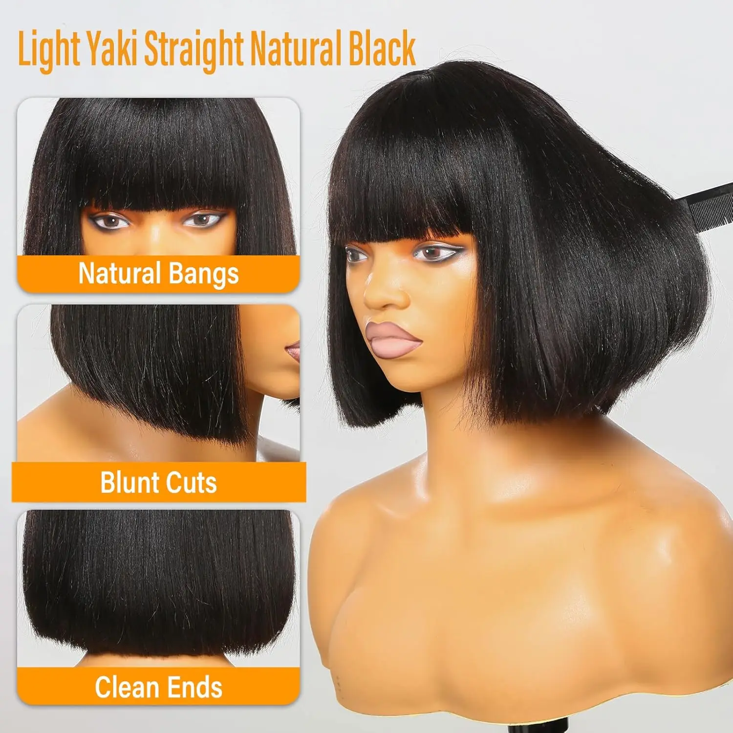 Ykb 10 Inch Light Yaki Straight Bob Wigs With Bangs Human Hair Short Bob Human Hair Wigs For Black Women Hd Lace Glueless Ready