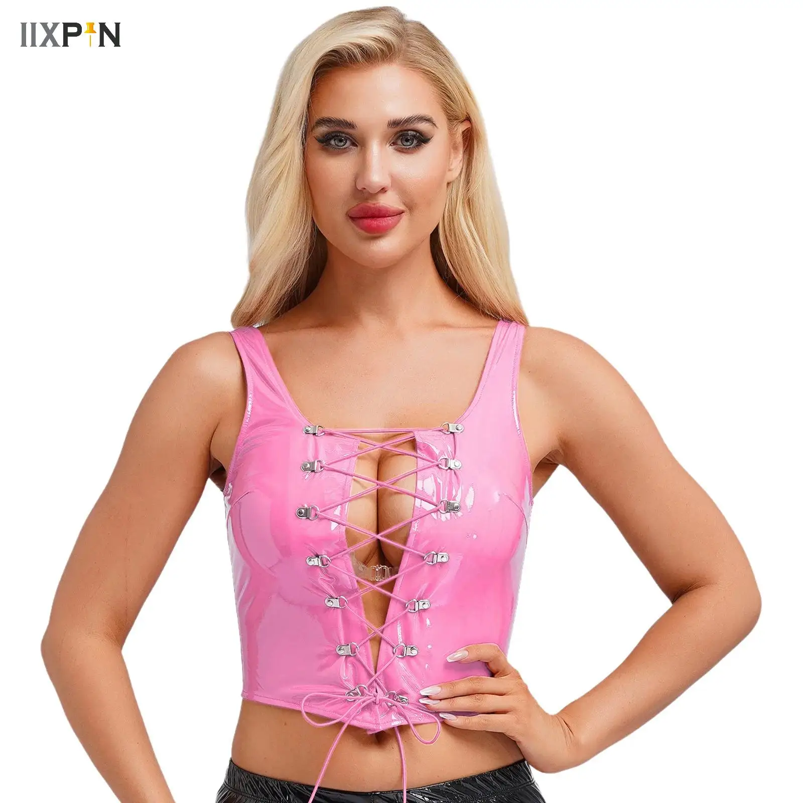 Sexy Punk Y2K PU Leather Tank Tops Womens Lace-up Irregular Hem Camisole 2025 Summer Vest Fashion Rave Party Club Wear Crop Tops