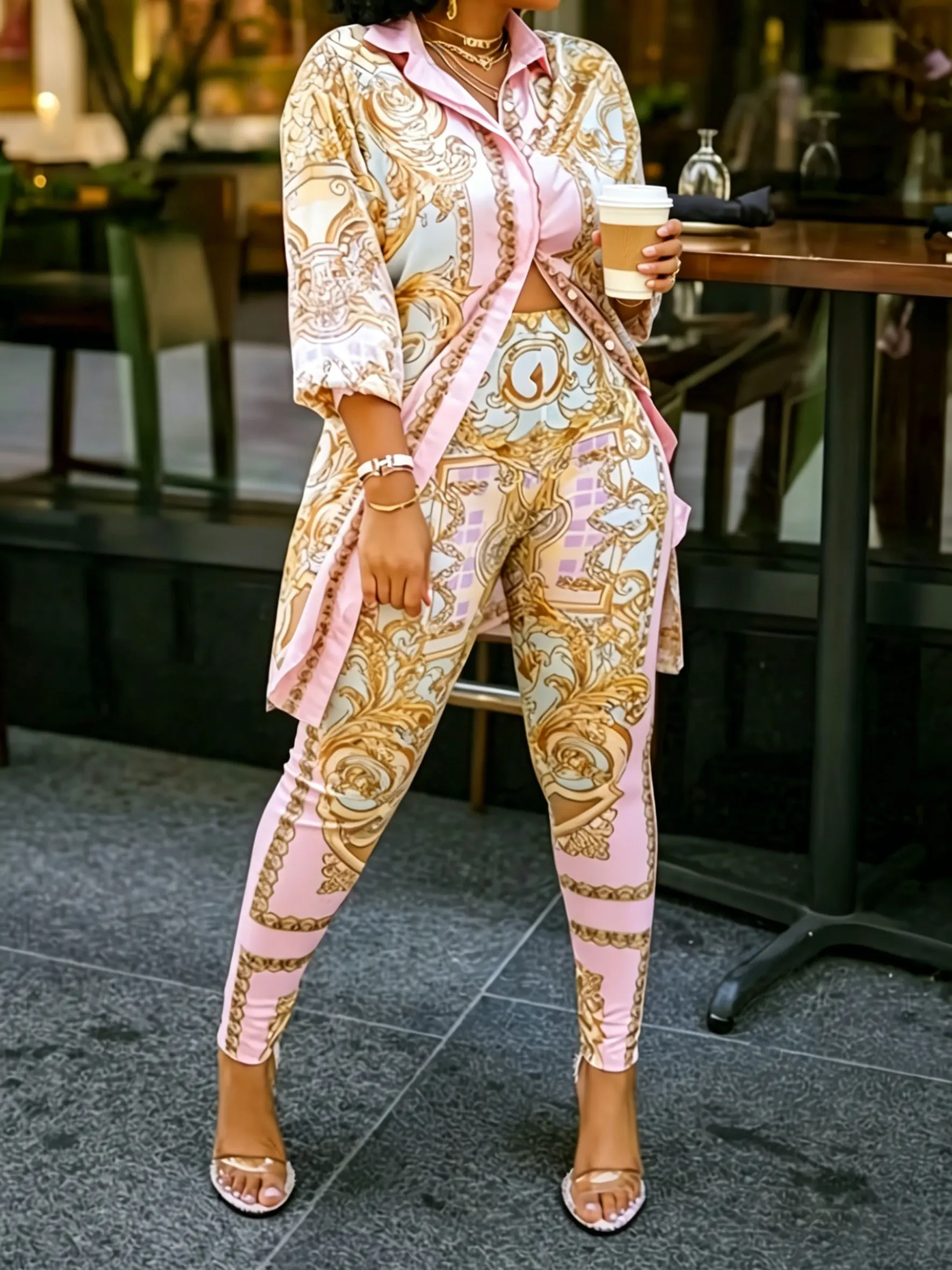 

Women 2 Piece Set Ornate Print Long Sleeve Button Shirt Top Pants Outfit Elegant Casual Vacation Matching Set