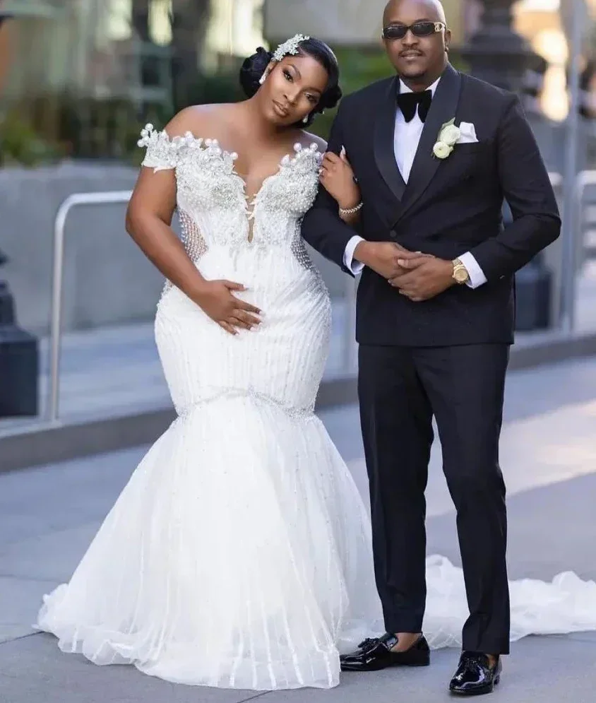 تخصيص خمر اللؤلؤ العربية Aso Ebi حورية البحر فستان الزفاف قصيرة الأكمام حجم كبير رداء دي خطاباتخطابهزوجات 2025 زي العرائس