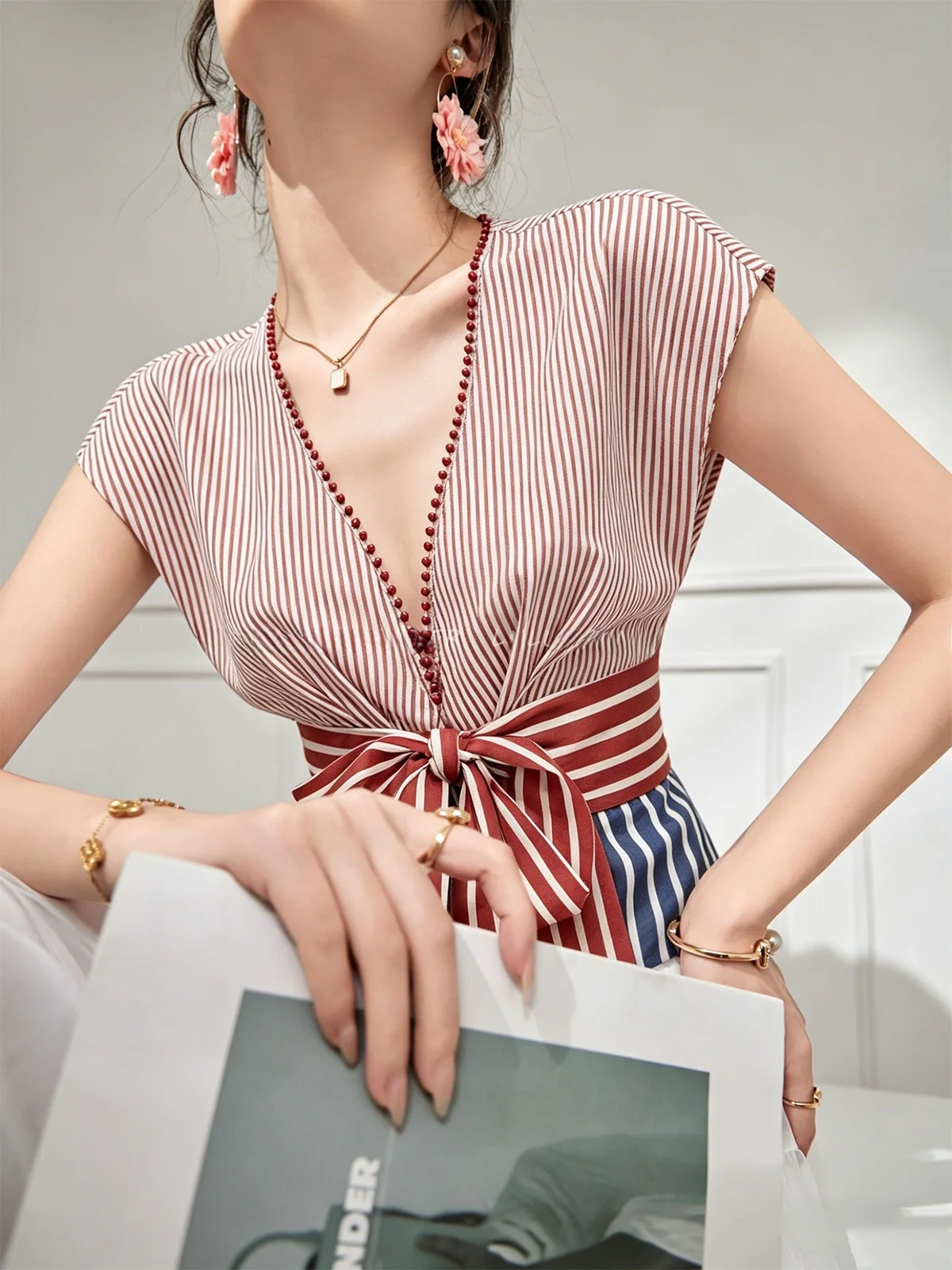 

Sweet Color Block Design Women's Shirt Anti-Aging Summer New Style Short Sleeve Striped Pattern Casual Fashion Ladies Top