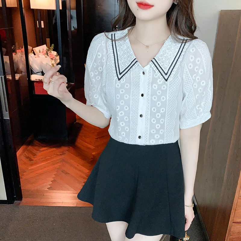 Women Korean Fashion Lace Sweet Button Up Shirt 2024 Summer Elegant Contrast Color Blouse Vintage Short Sleeve Tops Chic Blusas