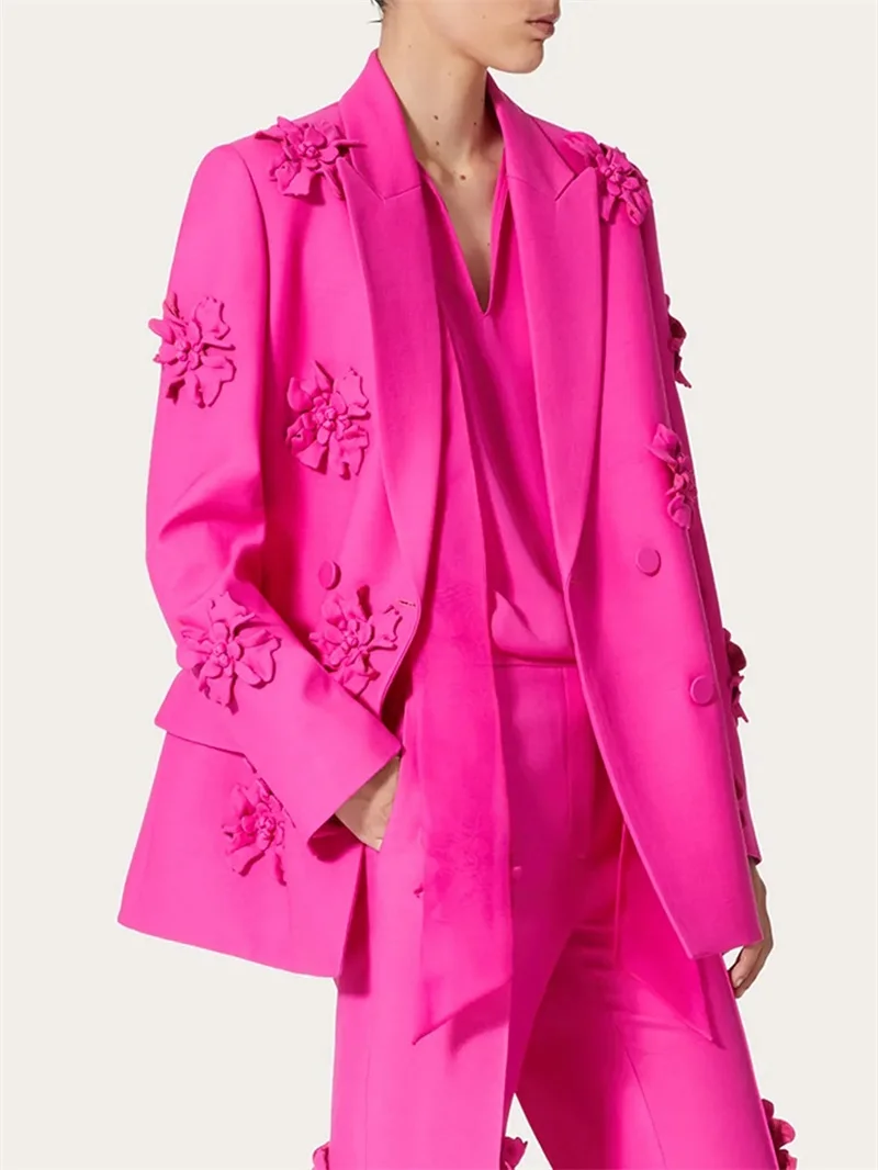 Conjunto formal de ternos rosa Barbiecore para mulheres, jaqueta blazer e calça, aplique floral 3D, vestido de baile de formatura, casaco de festa de alta qualidade, algodão