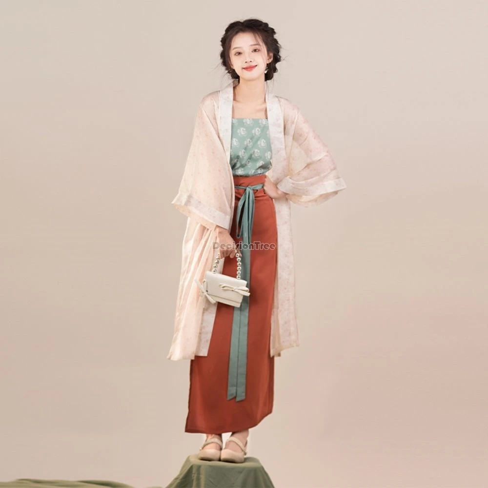 2025 จีนโบราณ Song Dynasty Hanfu ฤดูใบไม้ผลิใหม่ฤดูร้อนผู้หญิงยาวกระโปรงเกลียวเสื้อกั๊กสามชิ้น Retro Hanfu ชุด w1014