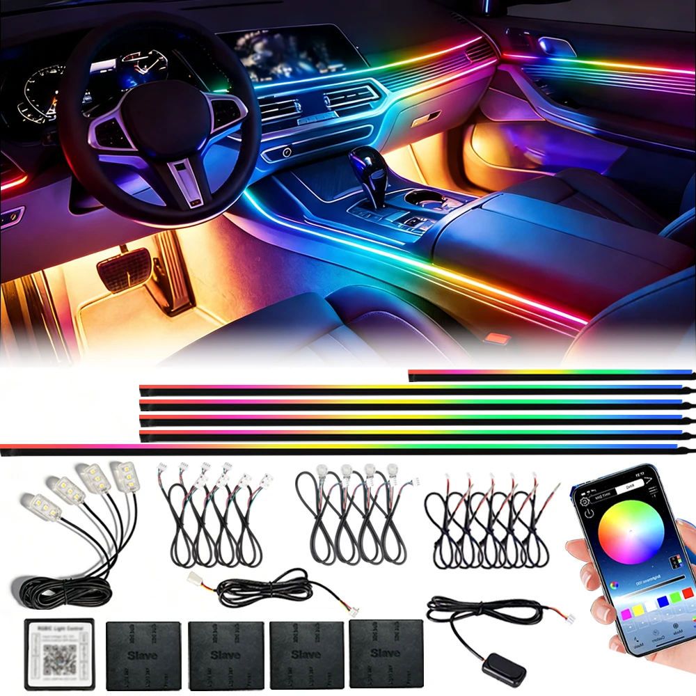 

Комплект автомобильной RGB-подсветки 18-в-1: полноцветная светодиодная акриловая неоновая лента с двумя зонами, синхронизацией с музыкой и управлением через приложение