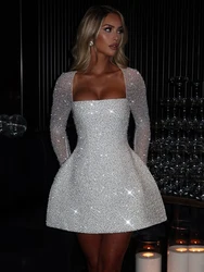 Mozision Sequins Long Sleeve Backless Sexy Mini Dress Women Robe Fashion Sparkle Lace-up High Waist A-line Club Dress Vestido