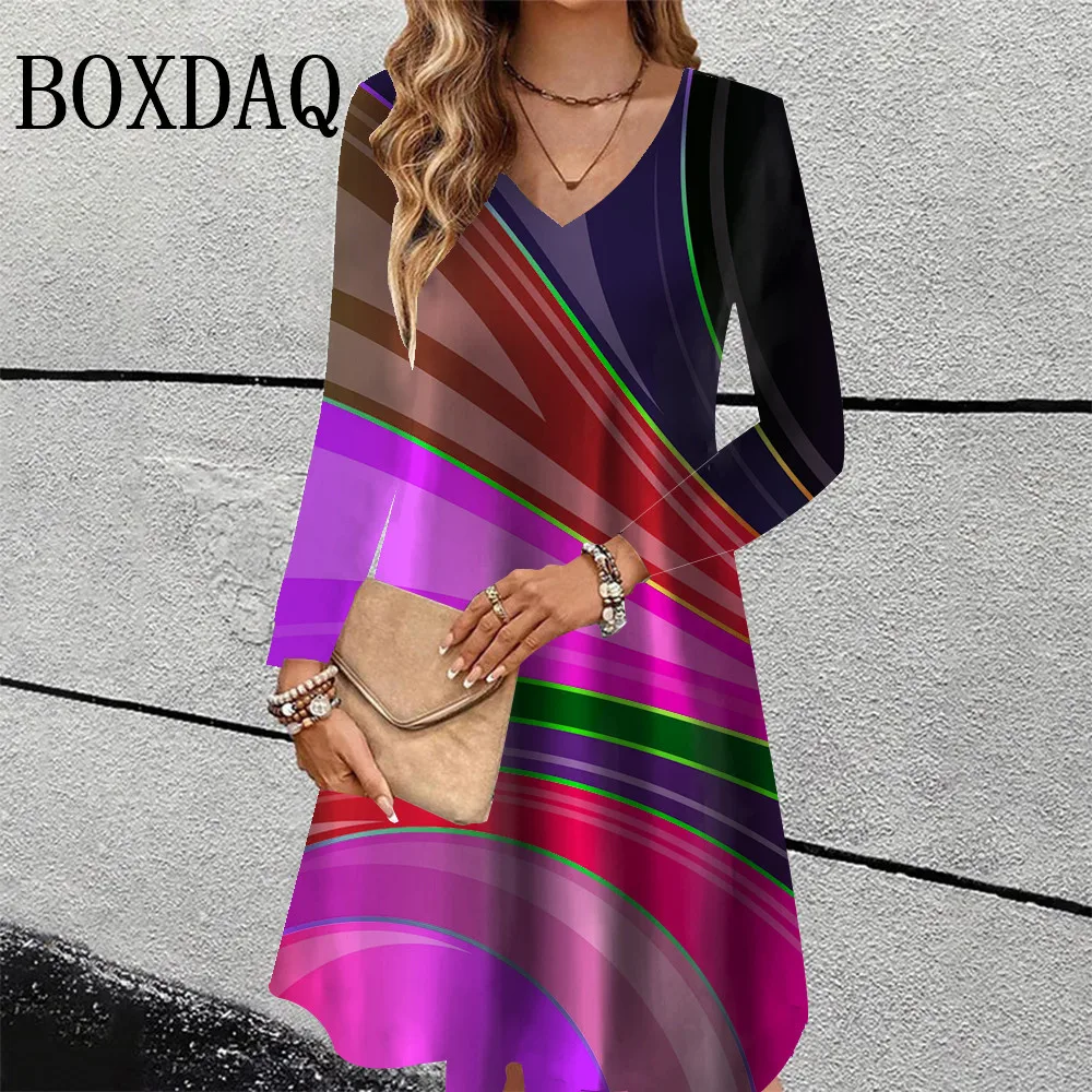 Gradient Striped Print Women's Dress Casual Street Plus Size Vintage Woman Clothing Autumn Long Sleeve V-Neck Loose A-Line Dress