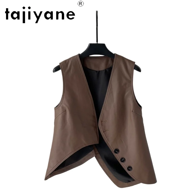 TAJIYANE Genuine Sheepskin Leather Vest Women V-Neck Irregular Short Waistcoat Sleeveless Real Leather Jacket Woman Clothes 2026