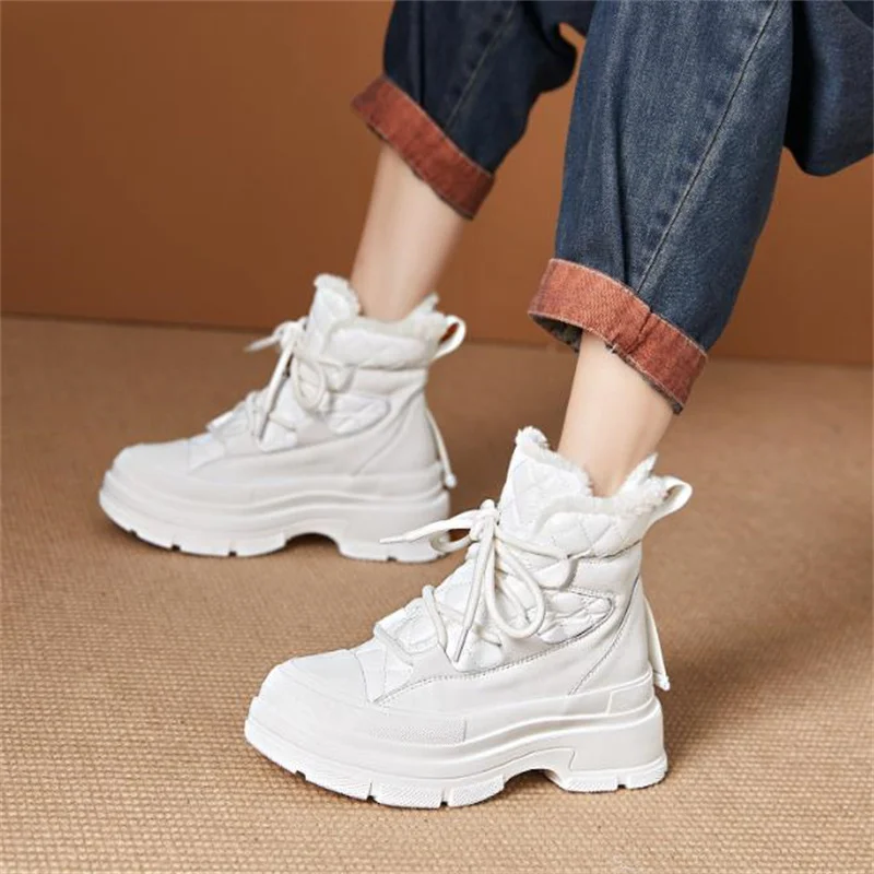 6.5Cm Echt Leer Dikke Sneaker Enkelschoenen Vrouwen Platform Hoge Merk Winter Pluche Frenum Warme Herfst Lente Schoenen 34 40