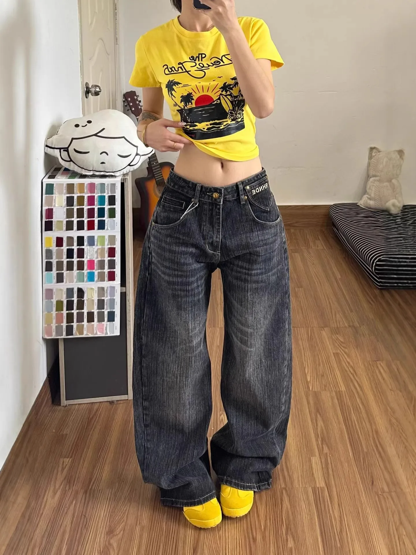 

Джинсы женские с высокой талией, прямые, широкие, летние, новый стиль, ретро, с пуговицами в парижском стиле, большие размеры, повседневные, удобные