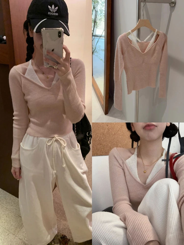 

e Sle Long Sve Knitted Sweater Women's oulder Bared Slim Fit Woolen Top Gentle Wind Dongda Gate Pastel Pink