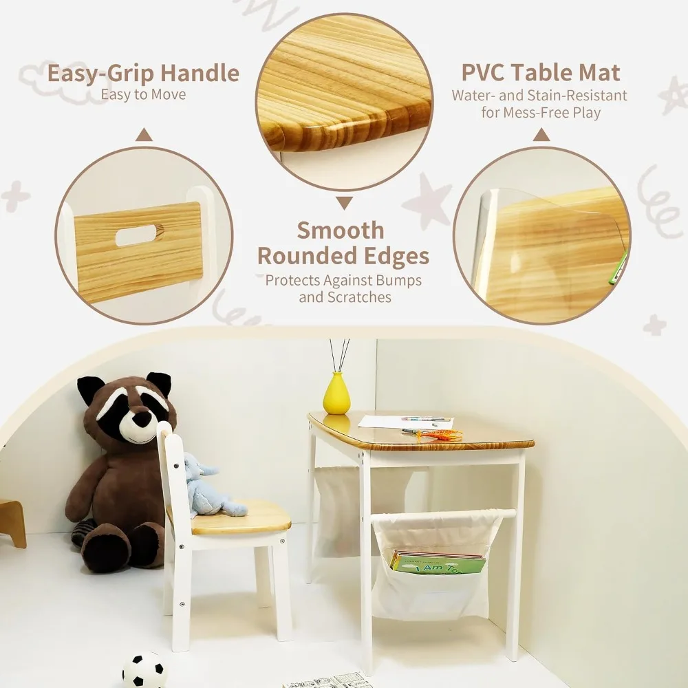 عائلة ديماتش ® طقم مكتب وكرسي للأطفال - خشب صنوبر نيوزيلندي طبيعي، طاولة دراسة على الوجهين مع واقي من مادة PVC وحقائب قماش، e #4
