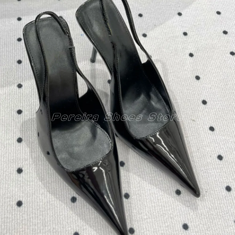 2024 Summer Sexy Black Patent Leather Buckle Strap Sandals Pointed Toe Back Strap High Heel  Ladies Dress Party Shoes