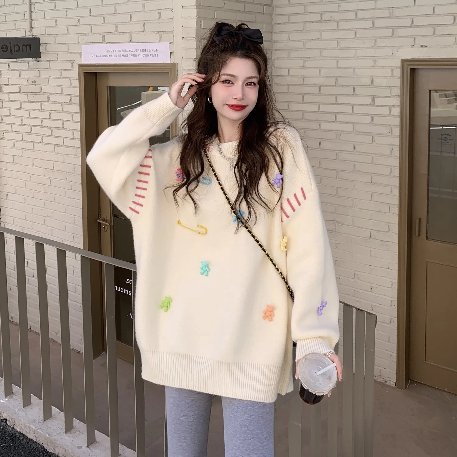 Harajuku Korean Kawaii Sweater Rainbow Bear Pin Cartoon Jumper Pullover for Girls Autumn Winter O-neck Loose Preppy Students Y2K