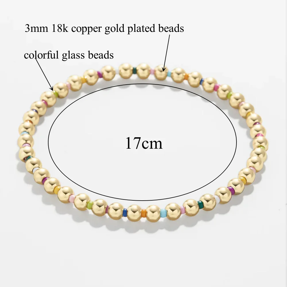 KKBEAD Unfade 3mm Gold Color Beads Bracelet Boho Colorful Jewelry for Women Girl Gift  Stretch Bracelets Pulseras Femme