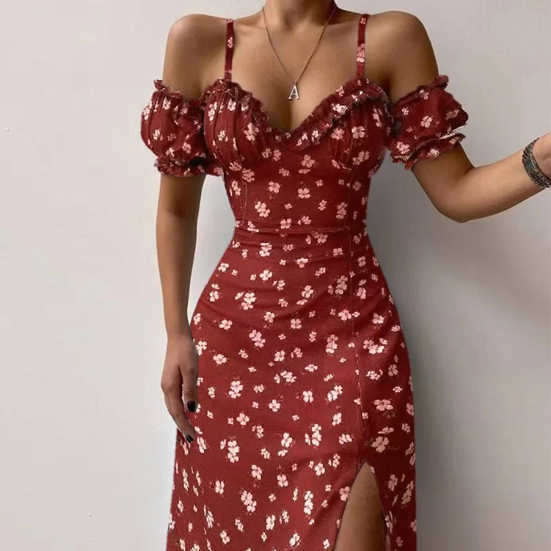 

Summer Elegant Casual Floral Print Off Shoulder Split Dress Women Spaghetti Strap Slim Midi Dress Bohemia Club Party Holiday Y2k