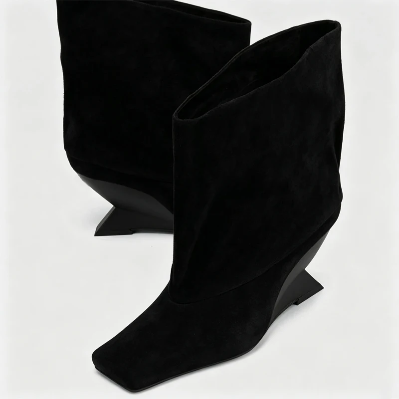 Women Square Toe Folded Shaft Ankle Boots Sculptural Geometric Wedge Heel Suede Avant Garde Runway Statement Short Boots