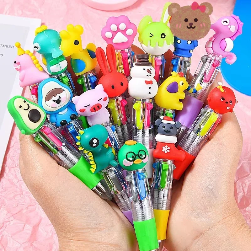 20Pcs/Lot Cute Cartoon Mini 4Colors Ballpoint Pen Kawaii Animal Bunny Cat Multicolor Press Pens for Writing Kids Gift Stationery