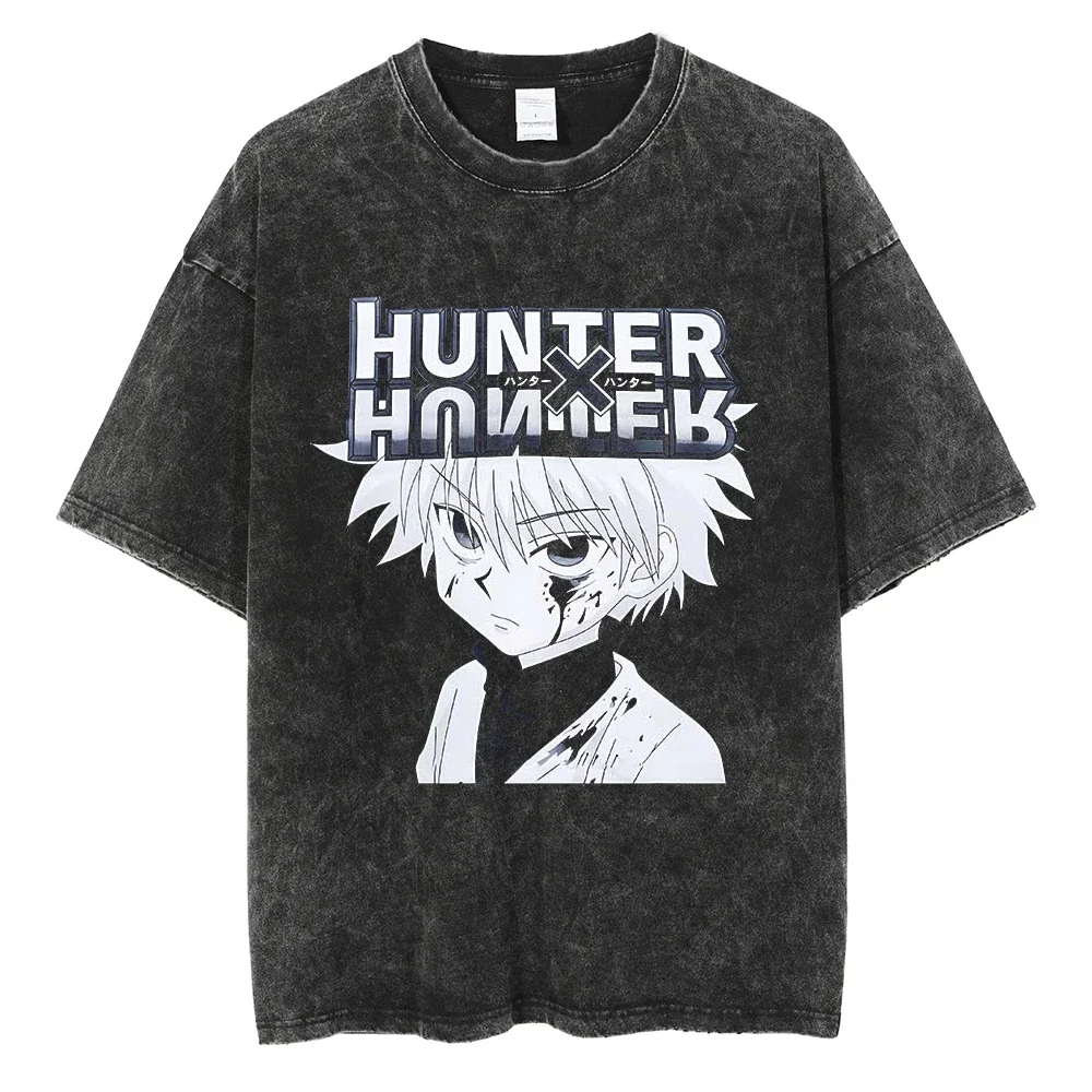 2026 summer Anime Hunter x Hunter Oversized T-shirt, Killua Zoldyck Multi-Print Casual Streetwear Washed Black Tee For Men Women