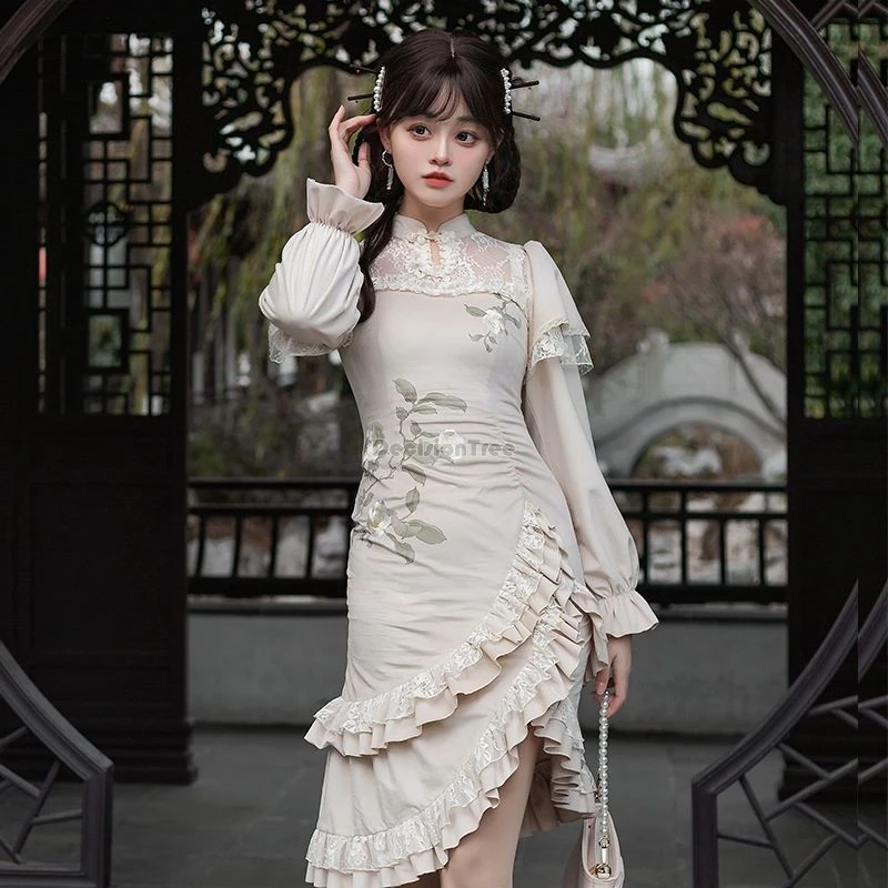 2024 elegant chinese embroidered printed velvet lolita dress chinese style fishtail skirt improved cheongsam daily lo dress w346