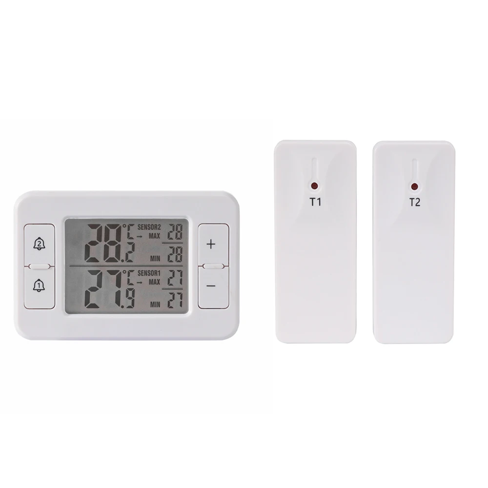 Indoor/Outdoor LCD Cyfrowy Bezprzewodowy Cyfrowy Termometr Alarm Dźwiękowy Tester Termometru Lodówka z 2 Czujnikiem Temperatury