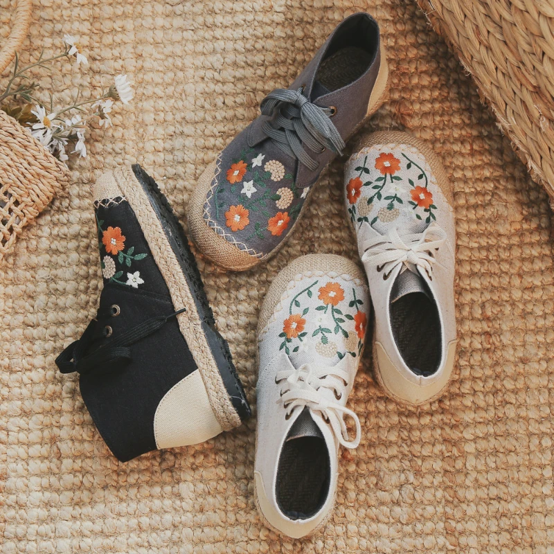 Casual Woman Shoes Round Toe Espadrilles Flats Embroidery Flower Lace-up High Top Trend Canvas Ladies Footwear Zapatillas Mujer