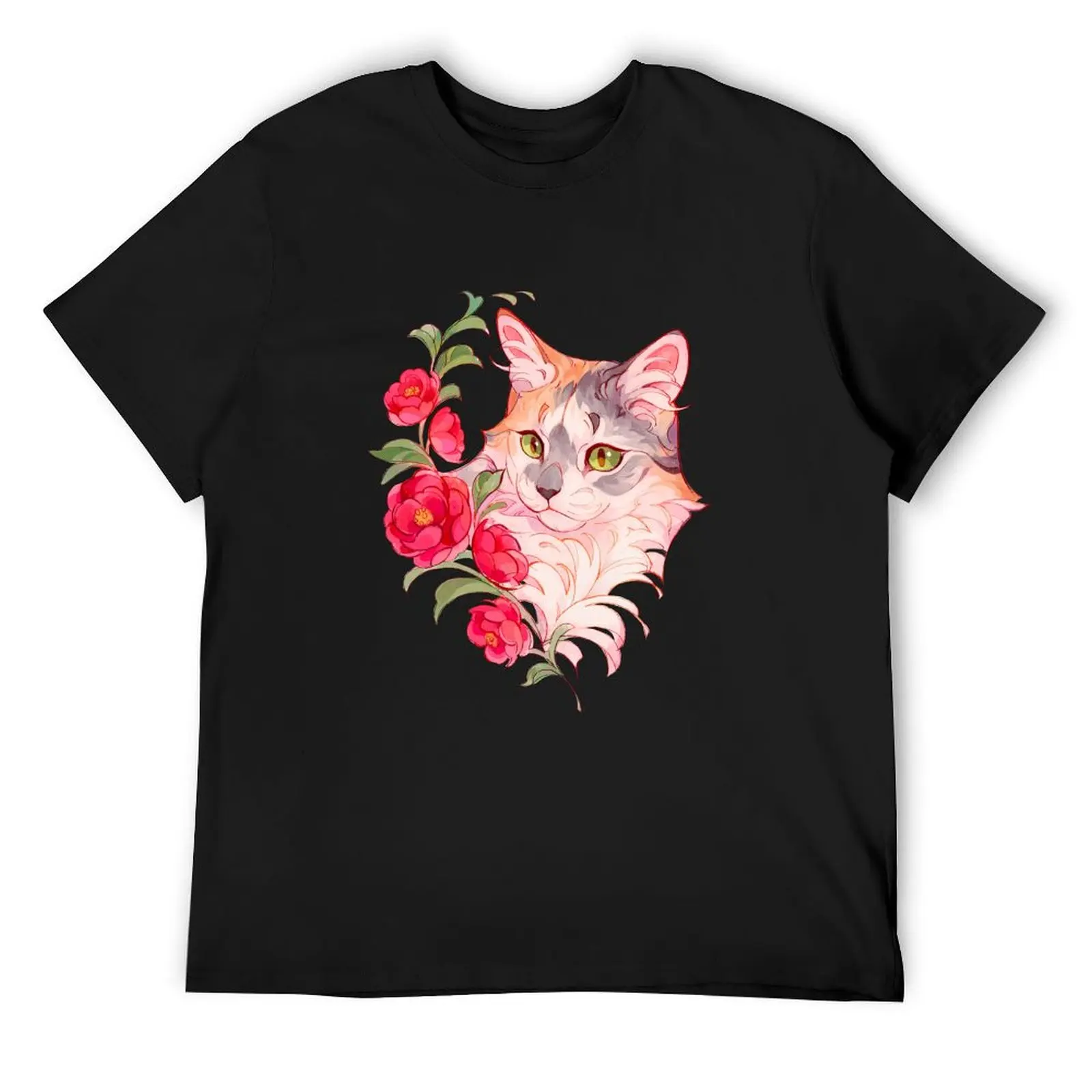 Silver torbie cat with red flowers T-Shirt korean fashion oversized graphic tee shirts graphic tees men clothes