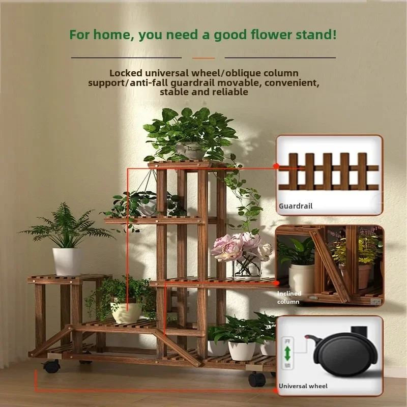 9-Tier Carbonized Wood Plant Stand Indoor Flower Rack Multi-Tier Display Shelf for Planters Wooden Plant Organizer