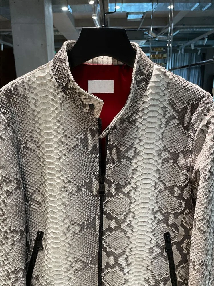 High Quality Snakeskin Luxury Mens Jacket New Stand Collar Slim Fit Genuine Leather Short Coat Customization Not Accept Returns view 4