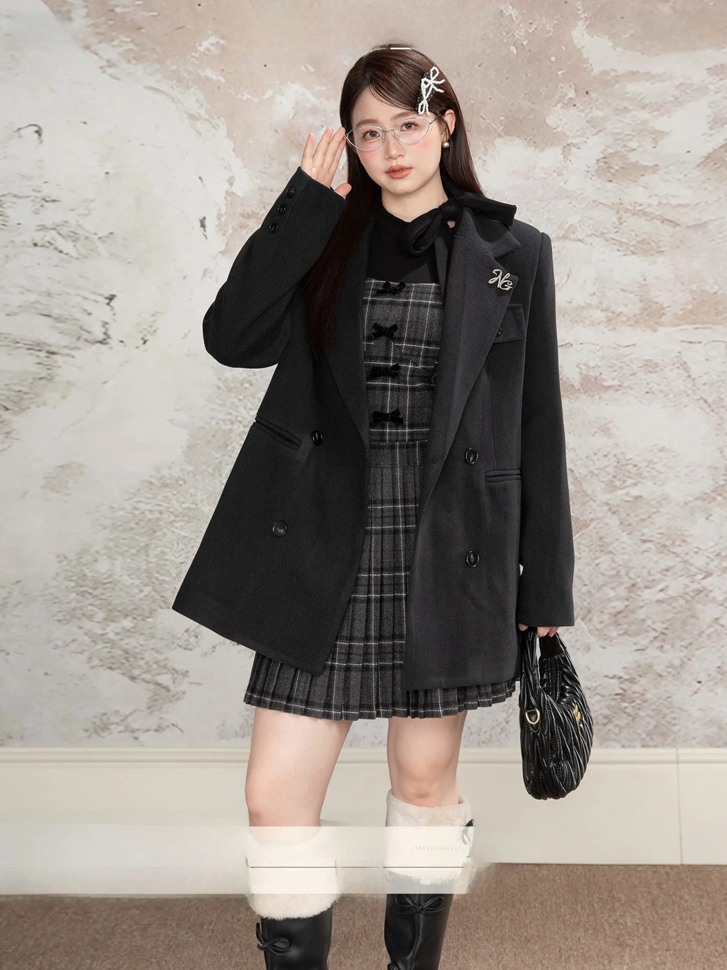 

Женское шерстяное пальто Heynew больших размеров, осенне-зимнее, в университетском стиле, двубортное, корейская версия, Loveheynew