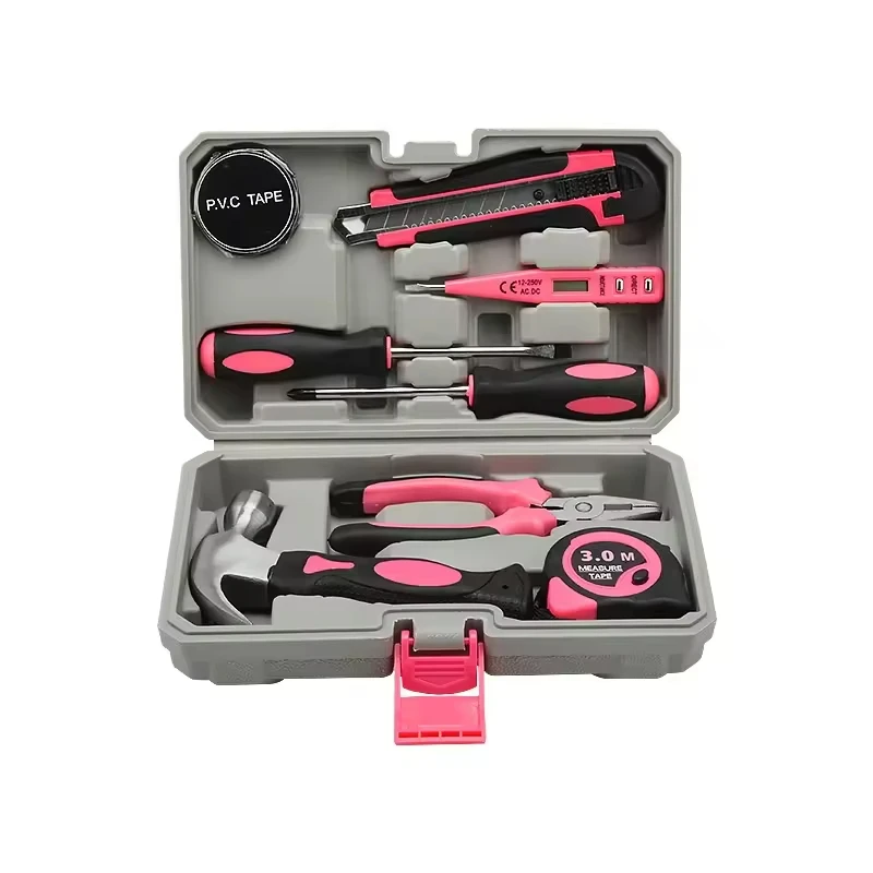

Wholesale Customized Logo 9pcs Multifunctional Household Hardware Set Household Maintenance Tool Set Pink Toolbox