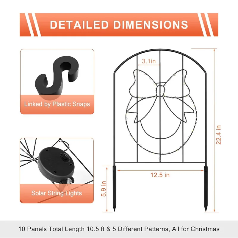 سياج حديقة بدون حفر حاجز حيوانات ، مصابيح ليد بالطاقة الشمسية ، سياج حفر الكلاب الزخرفية ، استخدام في الهواء الطلق ، بطشة عيد الميلاد ، 10 عبوات