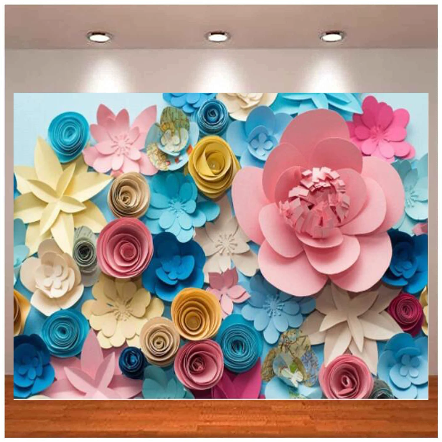 Colorful Paper Flowers Backdrop Blue Pink Blossom Flower Background Lovely Style Valentine Mother's Day Birthday Party Decor