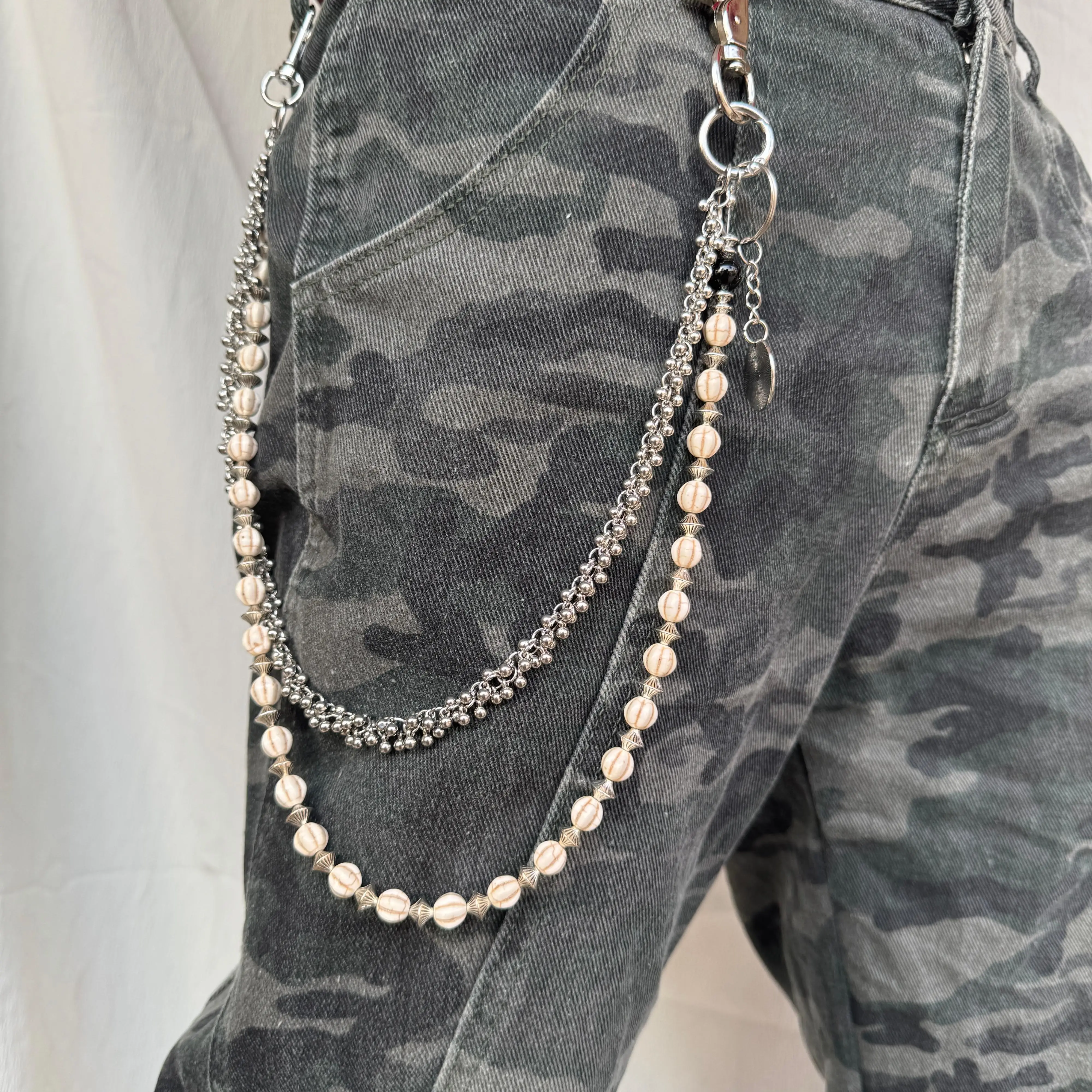 

New Punk Style Trouser Chain, Double Layer Turquoise Pumpkin Beads Flower Chain, Fashionable and Versatile Jeans Decoration